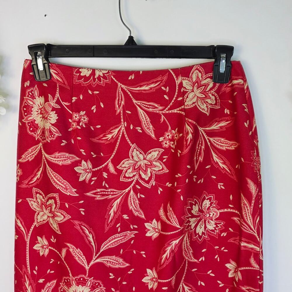 Talbots Petites Skirt 10 Berry Red Floral Midi Cotton Zip Boho Cottage Classic - Picture 4 of 14